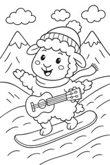 Sheep Snowboarding in the Mountains Coloring Page