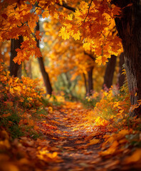 Autumnal forest path with vibrant coloured foliage on trees and on the ground 