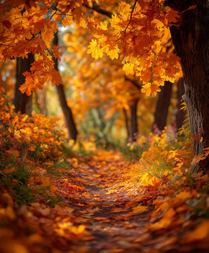 Autumnal forest path with vibrant coloured foliage on trees and on the ground 