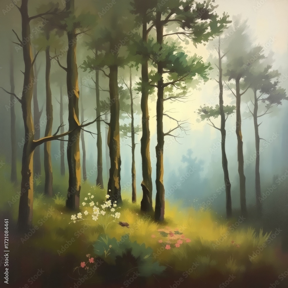 Poster mystical forest scene: sunlight filters through a dense forest, illuminating a pathway, creating an 