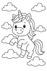 Cute Unicorn in the Clouds Coloring Page