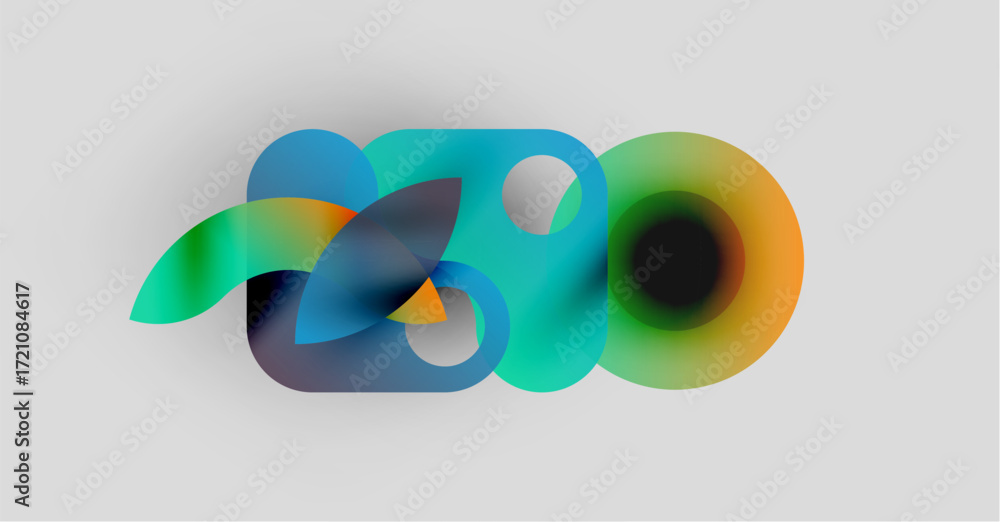 Poster abstract colorful shapes overlap, creating dynamic visual composition. soft gradients suggest fluidi