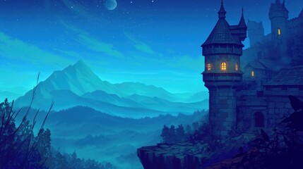 Medieval castle tower surrounded with landscape at night illustration