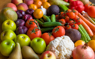 Fresh Fruits and Vegetables, Healthy Food Nutrition with Apples, Pears, Plums, Tomatoes, Carrots, Avocado, Celery, Mango, Pepper, Peaches