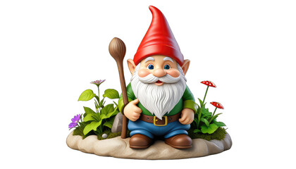 3D garden gnome with red hat, holding staff, surrounded by plants