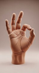 A three-dimensional illustration of a hand, depicted with visible lines and textures, displays the 'okay' sign against a neutral backdrop.