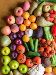 Close Up of Fresh Fruits and Vegetables, Healthy Food Nutrition, Apples, Pears, Plums, Tomatoes, Cucumbers, Carrots, Avocado, Celery, Mango, Pepper, Peaches