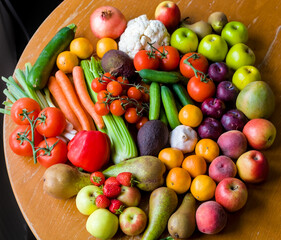 Top View of Fresh Fruits and Vegetables, Healthy Food Nutrition with Apples, Pears, Plums, Tomatoes, Carrots, Garlic, Spring Onions, Avocado, Celery, Mango, Pepper, Peaches