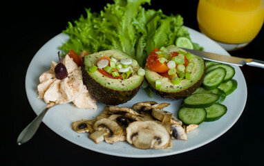 Vegetarian Breakfast with Avocado, Mushrooms, Green Lettuce, Soft Cheese with Red Pepper, Cucumbers, Tomatoes 