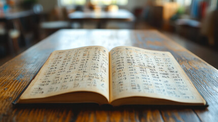 Open Japanese Calendar Book on Wooden Table in Cozy Cafe, Highlighting Traditional Handwritten Pages with Kanji Characters, Warm and Inviting Atmosphere, Perfect for Planning and Scheduling Concepts