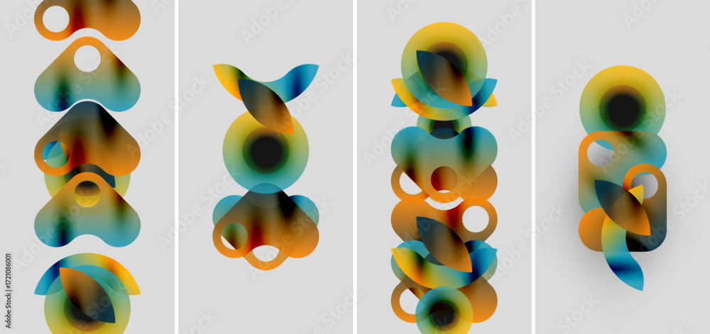 Poster abstract artwork features colorful overlapping shapes. gradient hues blend orange, yellow, blue crea