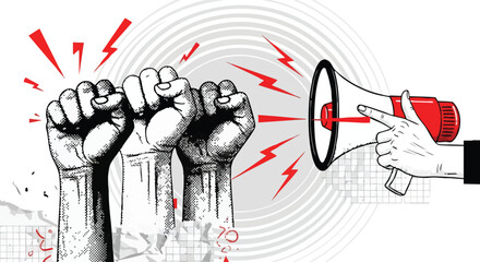 Illustration depicting a protest with raised fists and a megaphone, symbolizing activism and social movements.