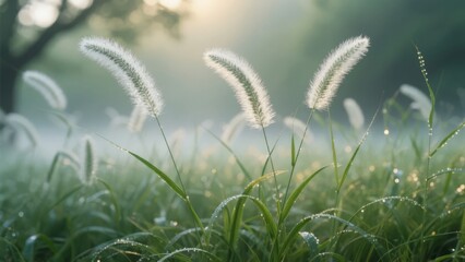 Minor Heat Solar Term: Foxtail Grass with Morning Dew and Sunlight for a Natural Healing Background