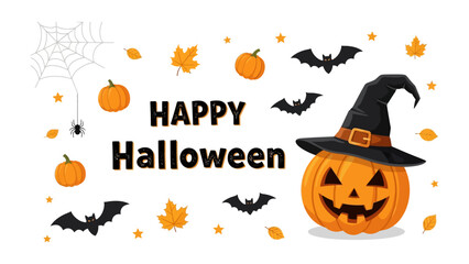 Spooky Season's Greetings: A festive illustration captures the essence of Halloween, with jack-o'-lantern, playful bats, intricate spiderwebs, and seasonal foliage to evoke that thrill and excitement