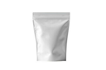 Blank white foil pouch packaging mockup isolated on a dark transparent background for design