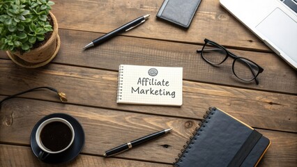 Affiliate Marketing Concept with Notepad, Pen, Glasses, Laptop, Coffee, and Succulent Plant