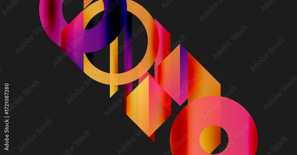 Poster abstract shapes overlap, vibrant colors blend. gradient hues create dynamic composition against dark