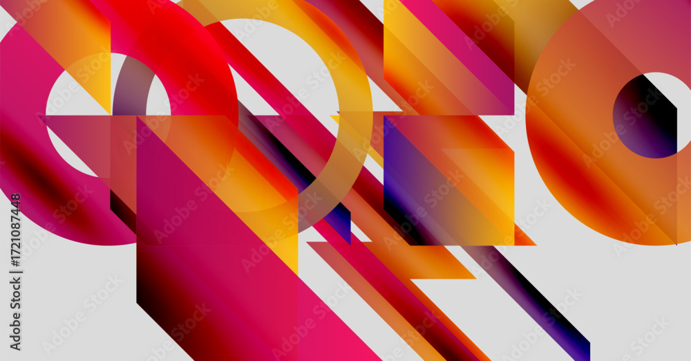 Poster abstract composition featuring vibrant gradients, overlapping shapes, circles, rectangles. modern de