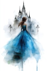 Young woman in a blue dress stands facing away from the viewer, her back to a fantastical castle.