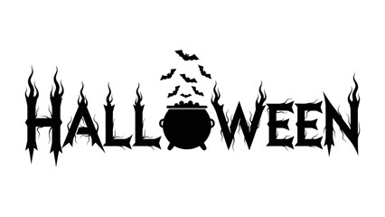 Halloween Silhouette: a minimalist spooky Halloween illustration, including bats flying, witch's cauldron with boiling liquid, and letters fire outline.