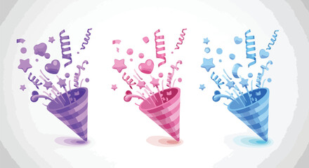 Three colorful party poppers bursting with confetti, stars, hearts, and streamers, celebrating.