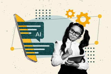 Trend artwork composite 3D collage of class cyber learning young schoolgirl think minded smartphone touchscreen student education virtual