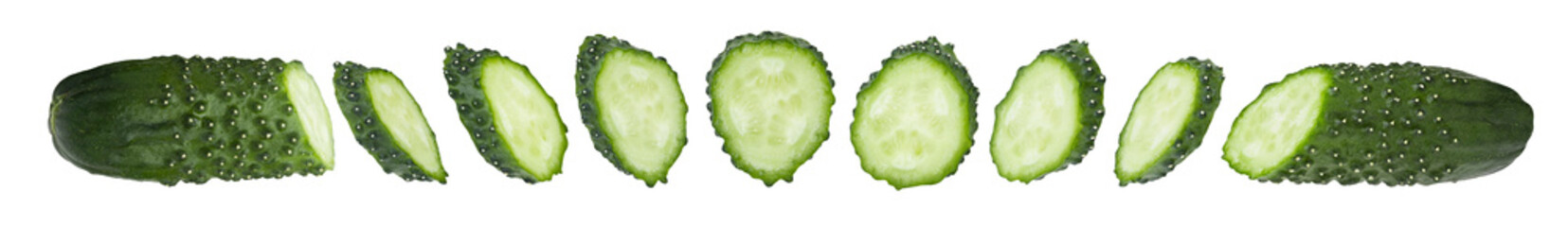 Set of fresh green cucumbers - round slices of bright bumpy cucumber from different sides. Isolated on white background. Perfect young gherkin for organic food advertising and wholesome meal, design.