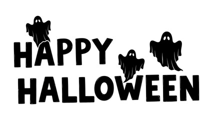 Spooky Halloween: A spooky, stylized illustration of “Happy Halloween” with ghostly silhouettes drifting playfully. Embrace the fun of this eerie holiday.