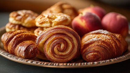 Fototapeta premium Golden croissants paired with fresh peaches create elegant breakfast display.
