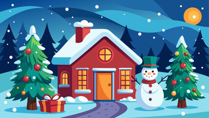 Winter scene with house tree and snowman