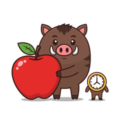 Funny Cartoon Boar Hugging Apple and Clock