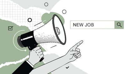Illustration of a hand holding a megaphone and pointing towards a search bar with the text "NEW JOB" indicating a job search or announcement.