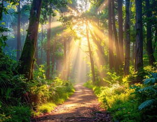 Obraz premium Sunlight streams through a lush forest path (5)