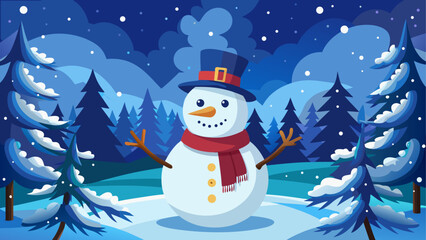 Snowman in winter forest illustration art