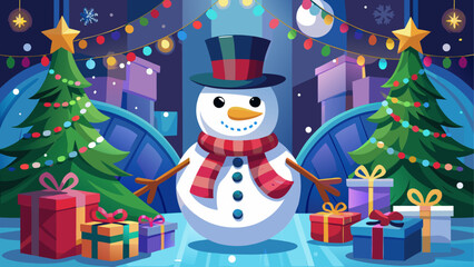 Festive snowman with christmas trees gifts