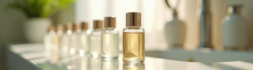 Glass skincare bottles on a counter in a room