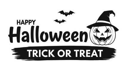 Halloween Festive Banner: A festive black and white Halloween banner with “Happy Halloween” and Trick or Treat written, accompanied by a Jack-o'-lantern, bats, and a witch hat.
