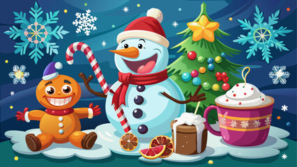 Festive christmas scene with snowman and tree