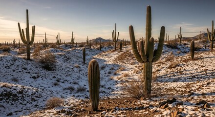 Snow-covered cacti in desert landscape, rare natural anomaly