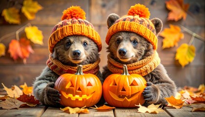 Adorable baby bears in autumnal hats holding pumpkins