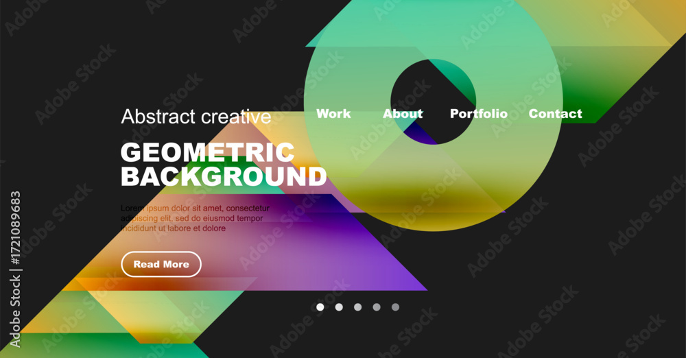 Poster website mockup displays vibrant geometric shapes, text elements, navigation menu. modern design with