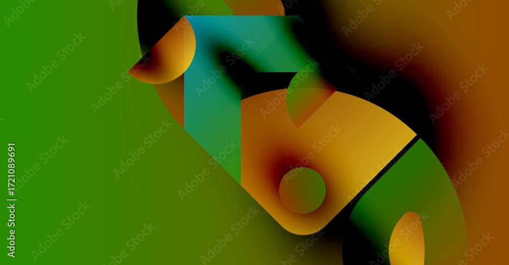 Poster abstract shapes blend, creating vibrant color gradients. green dominates left side, orange right. sm