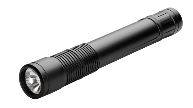 Sleek and robust black flashlight ready for any adventure, ideal for camping, hiking, or emergency preparedness with its powerful beam and durable design