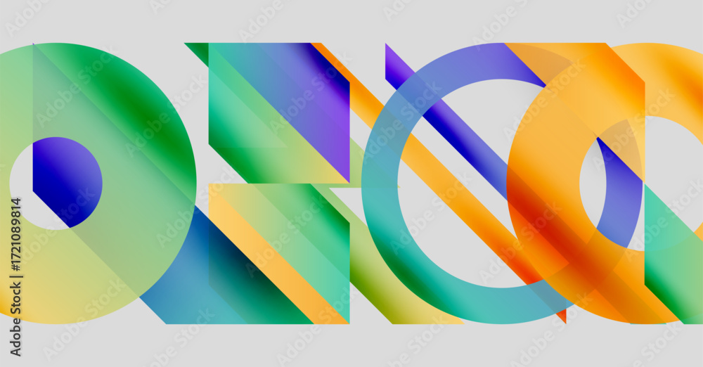 Poster abstract colorful shapes overlap, creating dynamic visual composition. gradients blend hues, forming