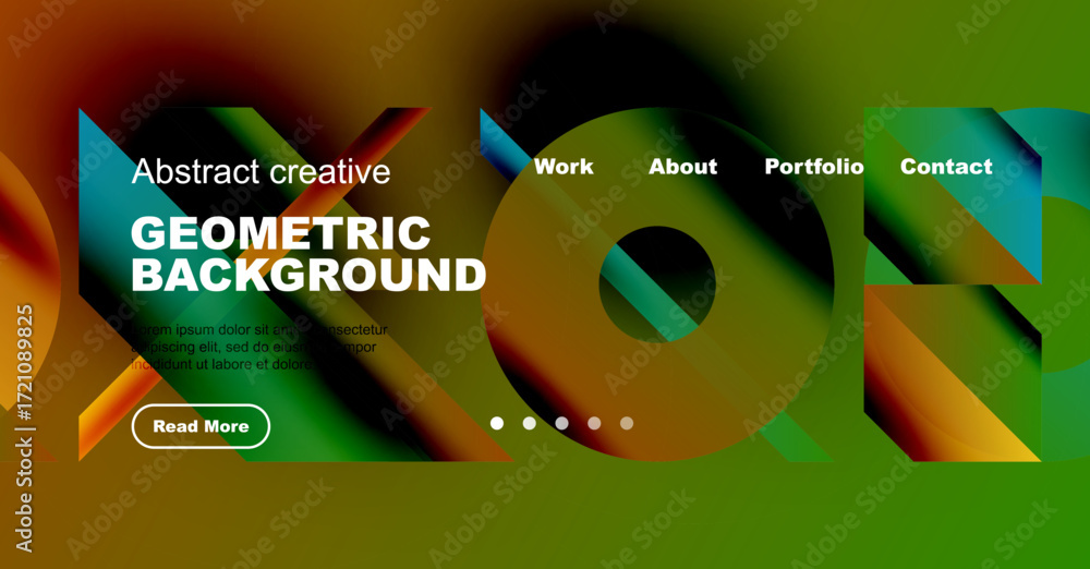 Poster vibrant abstract design. geometric shapes blend with gradients. website header features navigation o