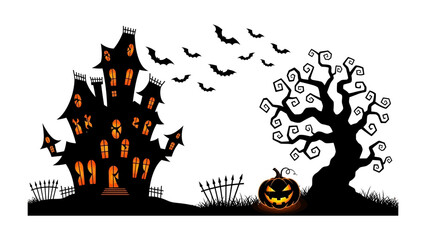 Spooky Halloween Night: A silhouette of haunted house with bats and tree and a jack-o'-lantern against a moonlit sky creates a chilling scene, invoking the spirit of Halloween.