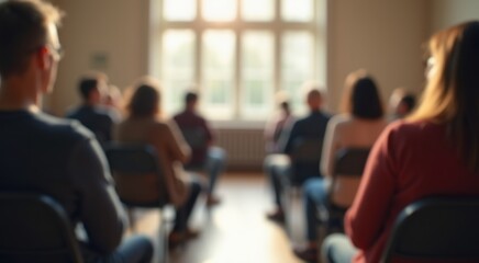 Fototapeta premium People sitting in chairs in a room with a large window blurred background