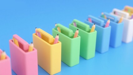 Fototapeta premium Creative colorful stationery boxes row abstract commercial background blue white 3D illustration design for poster banner flyer web book cover healing concept.