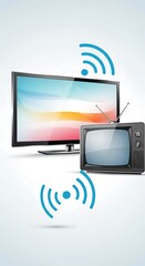 A modern flat screen television and an old fashioned tube television, both showing signs of wireless connection.