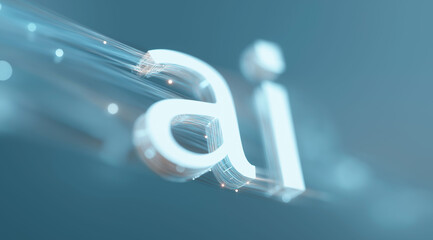 Glowing blue artificial intelligence letters create futuristic technological digital typography display.